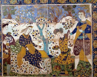 Arte iraniana: dettaglio di un azulejo che rappresenta un missionario portoghese tra i persiani