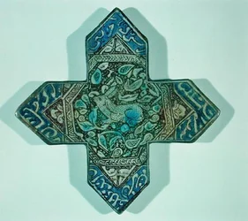 Antica piastrella murale lustro raffigurante una scena di caccia, probabilmente realizzata a Kashan, Iran
