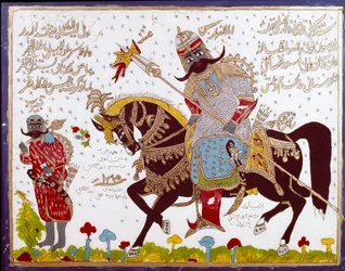 Arte islamica: pittura su vetro raffigurante la storia di Antar (Antar ibn Shaddad) poeta arabo preislamico del 6° secolo. Siria, Damasco, Palazzo Azem