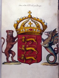 Stemma della famiglia reale britannica decora una corona, un leone e una creatura fantastica. Archivio di Stato, Milano