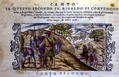 A destra Angelica incontra un eremita che fermerà il combattimento tra Rinaldo e Sacripante per il cavallo Baiardo - Scena tratta dal poema cavalleresco "Orlando Furioso" di Ludovico Ariosto (1474-1533)