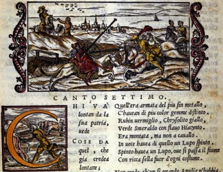 Il gigante Eryphila su un lupo combatte Roger - Scena del poema cavalleresco 