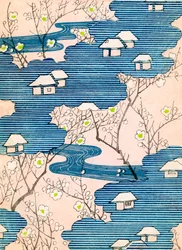 Motivo per un design di kimono: Capanne con fiumi e fiori di ciliegio