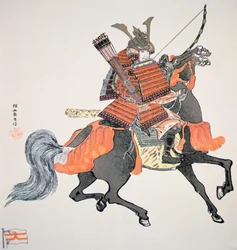 Samurai del Vecchio Giappone armato di arco e frecce