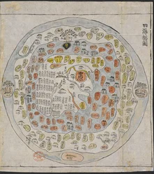 Una mappa del mondo coreana, stampata e colorata a mano, da un atlante della Corea con mappe preliminari del mondo, della Cina, del Giappone e delle isole Ryukyu
