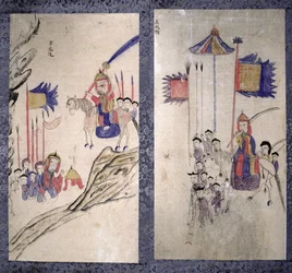 Pannello di un paravento a otto pieghe raffigurante una storia dei tre regni (pigmenti naturali su carta)