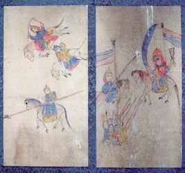Pannello di un paravento a otto pieghe raffigurante una storia dei tre regni (pigmenti naturali su carta)
