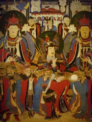 Buddha e Bodhisattva accompagnati dai loro guardiani, dipinto su rotolo, periodo Joseon (1392-1896), Corea. Museo nazionale della Corea, Seul, Repubblica di Corea