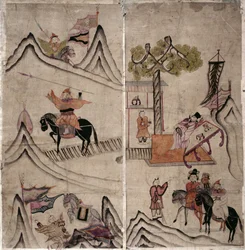 Due pannelli di un paravento a otto pieghe raffigurante "Una storia di tre regni" (pigmenti naturali su carta)
