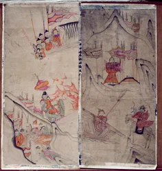Due pannelli di un paravento a otto pieghe raffigurante "Una storia di tre regni" (pigmenti naturali su carta)