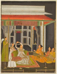 Una principessa su una terrazza con assistenti di notte (recto); Calligrafia (verso), 1760 circa (acquerello opaco con oro su carta)