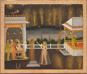 Dame che celebrano il Diwali, 1760 circa (acquerello opaco e oro su carta)