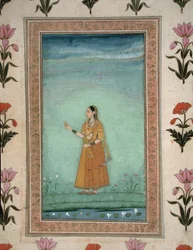 Signora che tiene frutta, in piedi vicino a uno stagno di gigli, dal Piccolo Album Clive, c.1600