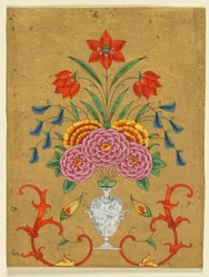Vaso con composizione floreale e volute, 1750-1800 circa (acquerello opaco con oro su carta)