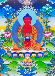 Immagine che raffigura Amitabha Buddha seduto su un loto