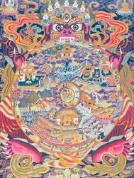 Immagine che raffigura la Ruota della vita, raffigurante il Kalachakra o esistenza illusa tenuta nella bocca di Yama, il dio della morte che rappresenta nascita, morte e rinascita