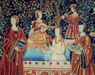 Arazzo della serie «La vita signorile»: Il bagno. Dettaglio. Arazzo in lana e seta realizzato intorno al 1520 nei Paesi Bassi. Dimensioni: 2,8 x 2,6 m. Parigi, Musée national du Moyen Âge, Thermes de Cluny