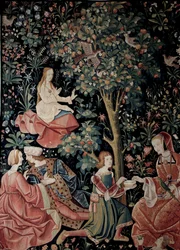 La tenda della vita signorile: scene galanti, arazzo in lana e seta realizzato intorno al 1520 nei Paesi Bassi