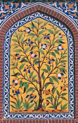 Albero in fiore, decorazione in maiolica, Moschea Wazir Khan, Lahore, Punjab, Pakistan