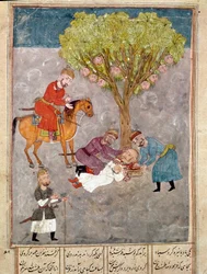 Arte islamica: i nemici vengono decapitati. Miniatura persiana tratta da un manoscritto del poema epico «Shahnameh» (Shah Nama, Shahnama) (Libro dei Re) di Ferdowsi (Firdawsi, o Ferdawsi, o Firdousi, ca. 940-circa 1020), Biblioteca Nazionale, Napoli