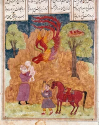 Arte islamica: il favoloso uccello Simurgh, simile alla fenice, porta Zal, figlio del re Siyam, abbandonato sui monti perché non è albino. Miniatura persiana da un manoscritto del poema epico “Shahnameh” (Shah Nama, Shahnama), Libro dei re