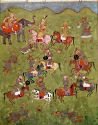 Arte islamica: scena di battaglia. Miniatura persiana da un manoscritto del poema epico «Shahnameh» (Shah Nama, Shahnama) (Libro dei Re) di Ferdowsi (Firdawsi, Ferdawsi o Firdousi, ca. 940-intorno al 1020). Biblioteca Nazionale, Napoli
