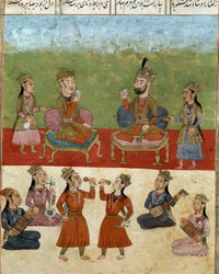 Arte islamica: concerto e intrattenimento in un harem. Miniatura persiana tratta da un manoscritto del poema epico «Shahnameh» (Shah Nama, Shahnama) (Libro dei re) di Firdusi (Firdawsi, Ferdawsi o Firdousi, ca. 940-intorno al 1020), Biblioteca Nazionale