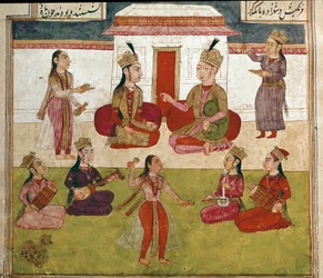 Arte islamica: concerto e intrattenimento in un harem. Miniatura persiana da un manoscritto del poema epico «Shahnameh» (Shah Nama, Shahnama) (Libro dei Re) di Ferdowsi (Firdawsi, Ferdawsi o Firdousi, ca. 940-intorno al 1020). Biblioteca Nazionale, Napoli