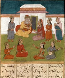 Scena di harem in una miniatura persiana tratta da un manoscritto del poema epico «Shahnameh» (Shah Nama, Shahnama) (Libro dei re) di Firdusi (Firdawsi, Ferdawsi o Firdousi, ca. 940-intorno al 1020), Biblioteca Nazionale, Napoli