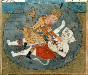 Rostam, figlio di Zal, uccide il demone bianco di Mazandaran, miniatura da un manoscritto del poema epico Shahnama (Shahnameh) di Firdawsi (guazzo su carta)