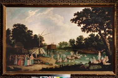 Bagno curativo a Mosca. (Bagno termale: numerose donne nude si bagnano vicino a un tradizionale edificio di sauna. Un gruppo di persone vestite le raggiunge, con bambini timidi). Dipinto di un maestro russo, olio su tela, fine del XVIII secolo
