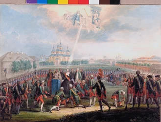 Caterina II accolta dal Reggimento della Guardia Izmailovsky il giorno della Rivoluzione di Palazzo il 28 giugno