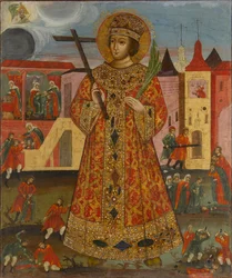 Dimitri Ivanovič (1582-1591) (zarevic Demetrio o Dimitri o Dmitri di Uglič o Dmitri di Mosca) - Icona russa: zarevic Demetrio con scene di omicidio. Tempera su tavola, inizio del XIX secolo, Museo statale di architettura, storia e arte, Vladimir