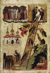 ""La scala del paradiso di San Giovanni Climaco"" (Scala santa di San Giovanni il Sinaita) Rappresenta i monaci che raggiungono la cima della scala e quelli che cadono negli inferi - icona russa dell