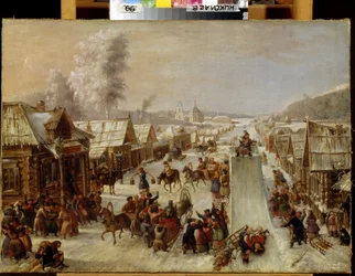Carnevale. Scena di feste tradizionali e divertimenti popolari in una strada innevata di una piccola città con case di legno. È stata allestita una pista per slittini e gli abitanti bevono e si salutano allegramente. Dipinto anonimo