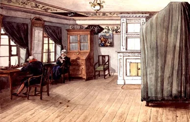 Sala di scrittura neoclassica con una coppia anziana