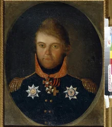 Ritratto di Dmitry Petrovich Neverovsky (1771-1813). Ufficiale militare russo, indossa la sua uniforme e le sue medaglie onorifiche tra cui la croce di San Giorgio, la medaglia dell