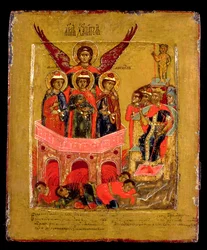 Icona russa raffigurante Shadrach, Meshach e Abednego nella fornace ardente, scuola di Mosca, 1600 circa (pannello)