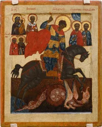 San Giorgio e il drago, circondato da vari santi