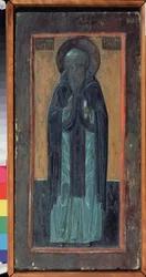 San Zosima di Solovki (morto nel 1478). Icona russa, legno scolpito policromo, metà del XVI secolo. Arte russa tradizionale antica del Nord. Museo Regionale di Belle Arti e Arti Applicate, Smolensk (Russia).