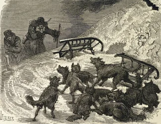 Siberia. Slitta rovesciata, artista russo (incisione)