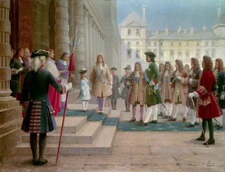 Lo zar Pietro il Grande (1672-1725) accolto da Luigi XV bambino a Versailles nel 1717 - Dipinto di Gorsky (XIX secolo)
