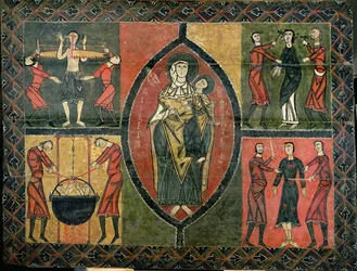 Altare raffigurante San Quirze e Santa Julita con quattro scene di martirio di santi, Chiesa di Sant Quirze i Santa Julita, Durro (tempera su tavola)