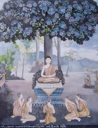Affresco che raffigura una scena della vita del Buddha, tempio Wat Phra That Doi Suthep