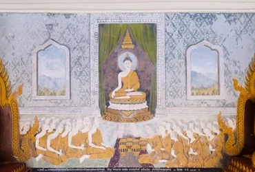Affresco che raffigura una scena della vita di Buddha, tempio Wat Phra That Doi Suthep