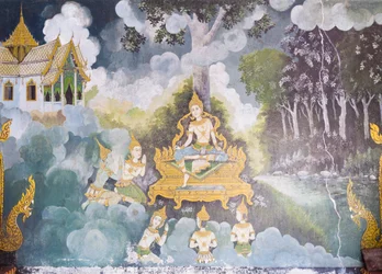 Affresco che raffigura una scena della vita di Buddha, tempio Wat Phra That Doi Suthep