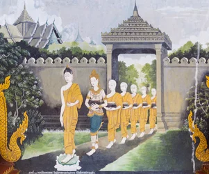 Affresco che raffigura una scena della vita del Buddha, tempio Wat Phra That Doi Suthep