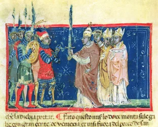 Codice Correr I 383 Papa Alessandro III (1105-81) consegna la spada al doge Sebastiano Ziani (pergamena)