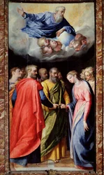 Il matrimonio della Vergine. Dipinto di Scipione Pulzone il Gaetano (1550-1598) e Giuseppe Valeriano (1542-1606) 1584-1588 Roma, chiesa del Gesù, Cappella della Madonna della Strada