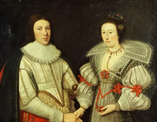 Ritratto di Gruppo di un Gentiluomo, a Mezza Figura, in un Farsetto Bianco e Gorgiera, e sua Moglie, in un Vestito Bianco e Verde, Colletto a Ventaglio e Collana d